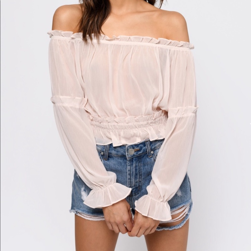 “See you soon” Pink off the shoulder blouse